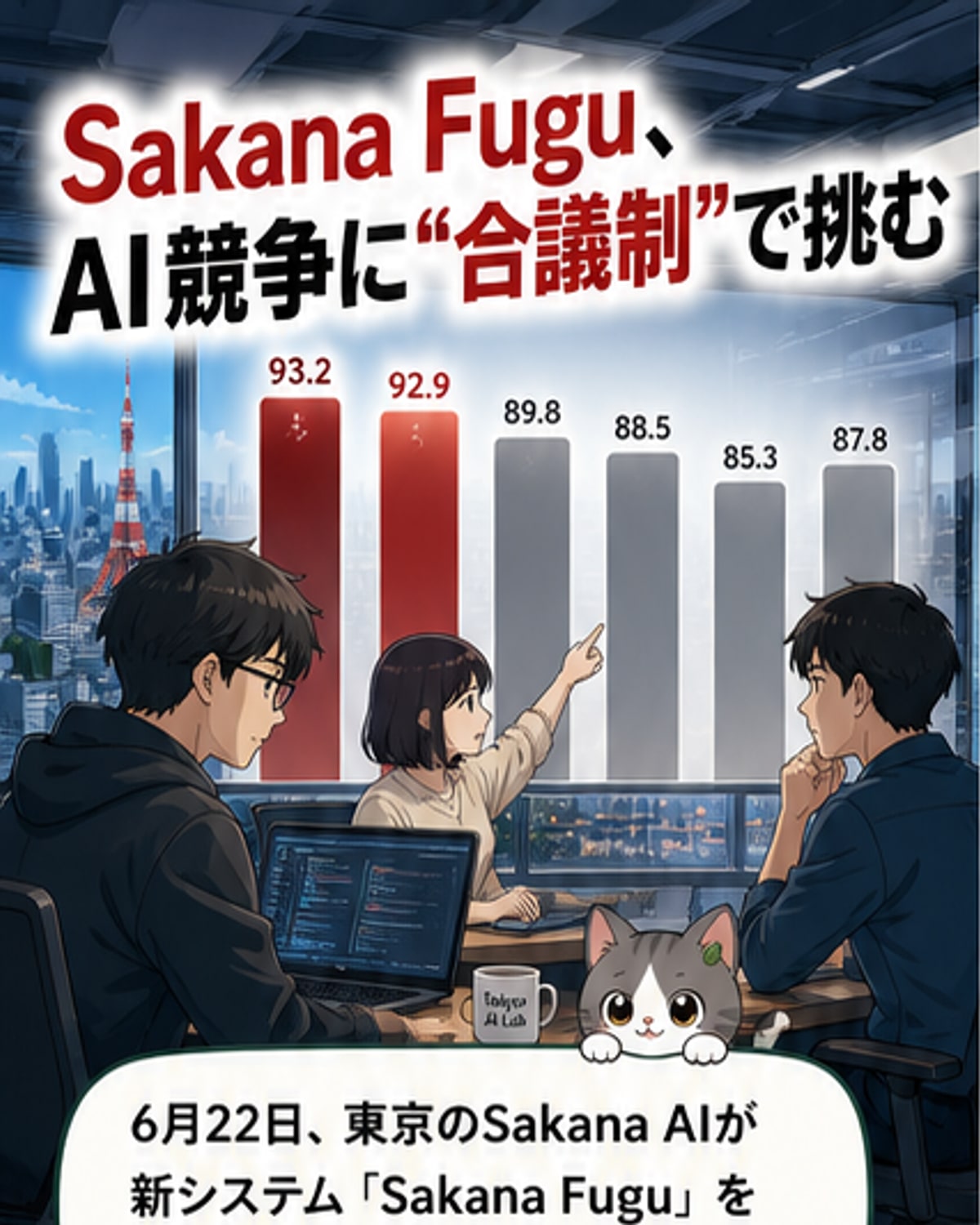 複数のAIエージェントが連携して動作する様子を示す図解。中央に「Sakana Fugu」と表記された処理ユニットがあり、周囲にさまざまなAIモデルが接続されている。