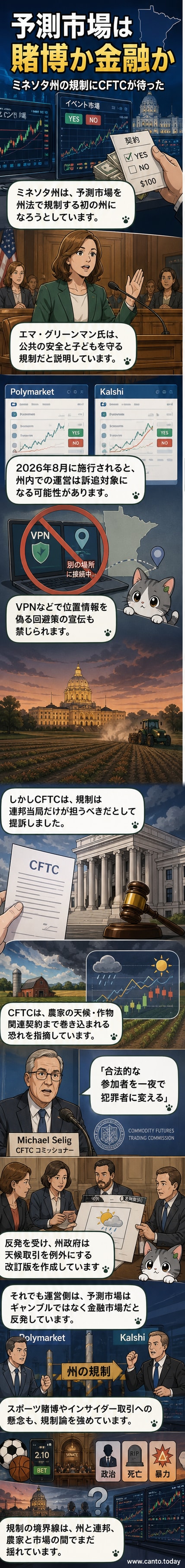 アメリカの地図上にミネソタ州が強調され、周囲にPolymarketやKalshiのロゴが浮かぶ。法律文書と農業地帯のイメージが背景に配置されている。