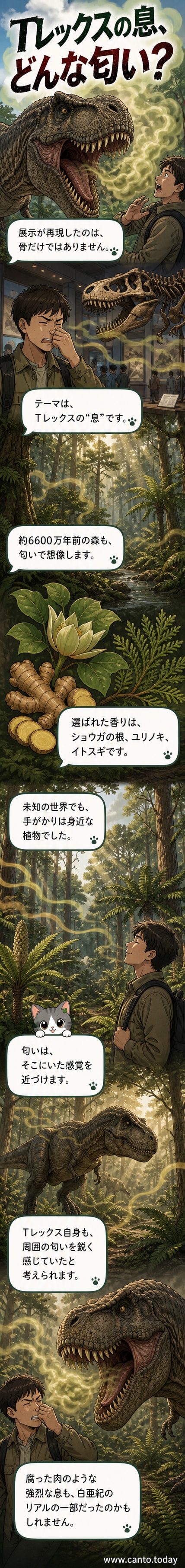 ティラノサウルスが古代の森を歩く様子を描いたアート。周囲にはショウガ、ユリノキ、イトスギが茂り、空気には独特の香りが漂っている。