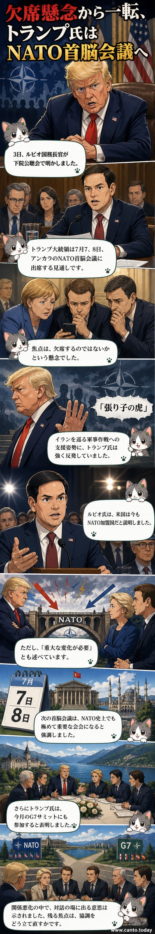 アメリカ国旗とNATOのロゴが並び、遠くにトルコの都市のシルエットが見える中、トランプ大統領が演説する姿を描いたイラスト。