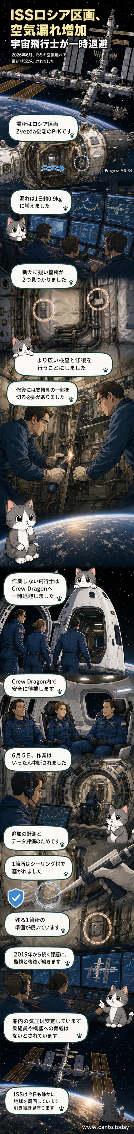 国際宇宙ステーション(ISS)の外観と、ロシア区画のZvezdaモジュールの側面図。空気漏れが発生している移送チャンバーの位置が示されている。