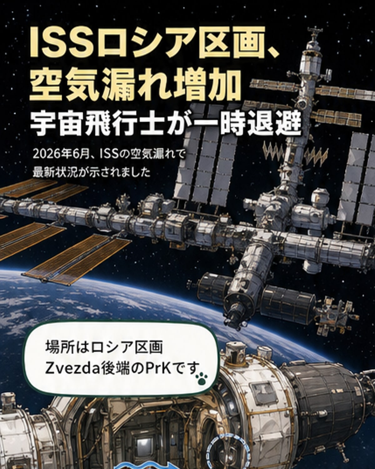 ISSで空気漏れ増加、宇宙飛行士が一時退避
