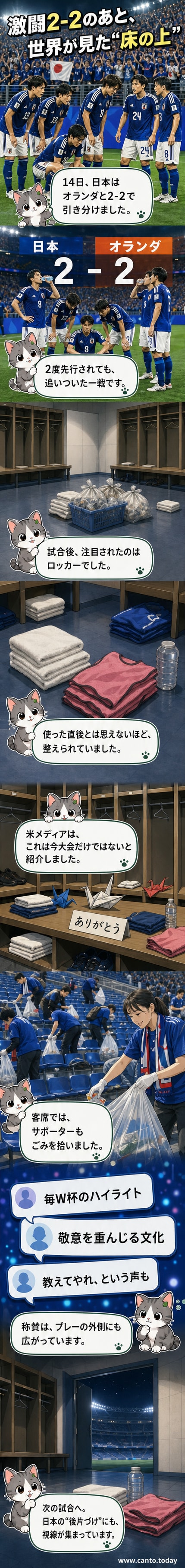 整然と清掃された日本代表のロッカールーム。タオルやビブスが丁寧に畳まれ、ゴミがまとめられている。