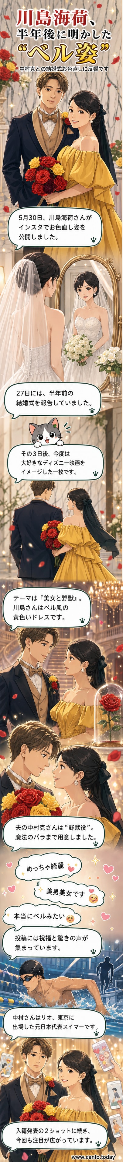川島海荷が『美女と野獣』のベルのような黄色いドレスを着て、夫の中村克と見つめ合う結婚式の様子