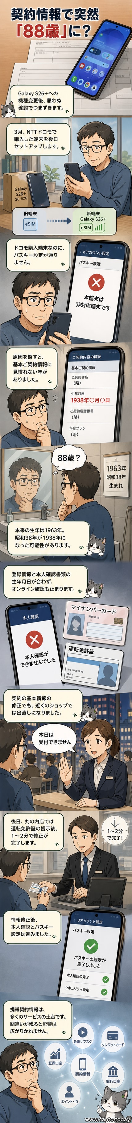 スマートフォンの設定画面に「この端末は非対応」というエラーメッセージが表示され、ユーザーが驚いている様子を描いたイラスト。背景にはドコモのロゴと誤った生年月日「1938年」が浮かんでいる。