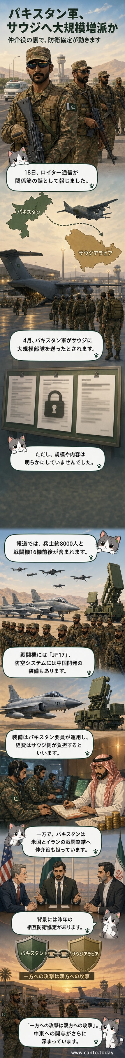 パキスタン軍兵士がサウジアラビアの空軍基地で整列する様子。背景にはJF-17戦闘機と中国製防空システムが見える。