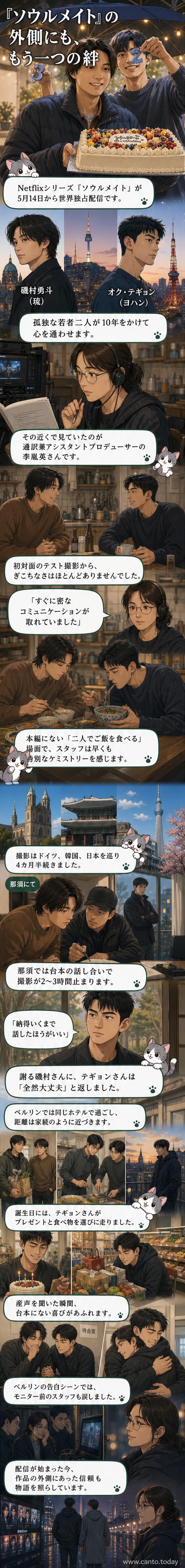 『ソウルメイト』の主演・磯村勇斗とオク・テギョンが、通訳を交えながら撮影現場で笑い合う様子。