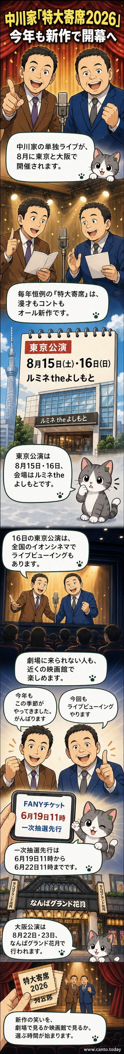 中川家の特大寄席2026のフライヤー。中央に中川家・剛と礼二が描かれ、周囲をカラフルな文字とイラストが囲んでいる。下部に日程と会場情報あり。