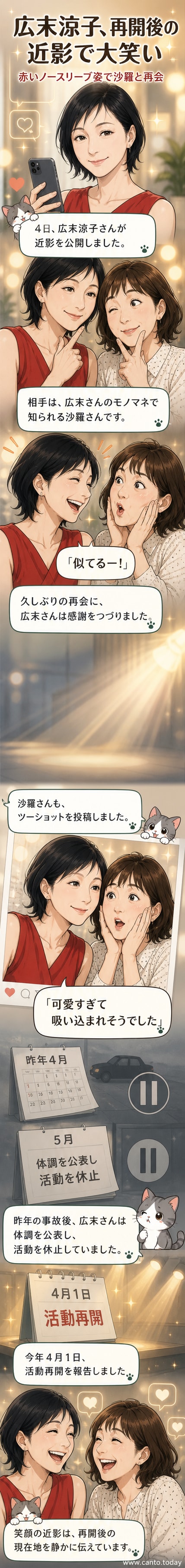 広末涼子が赤いノースリーブのドレスを着て笑顔で立っている。隣にはモノマネ芸人の沙羅が写っている。