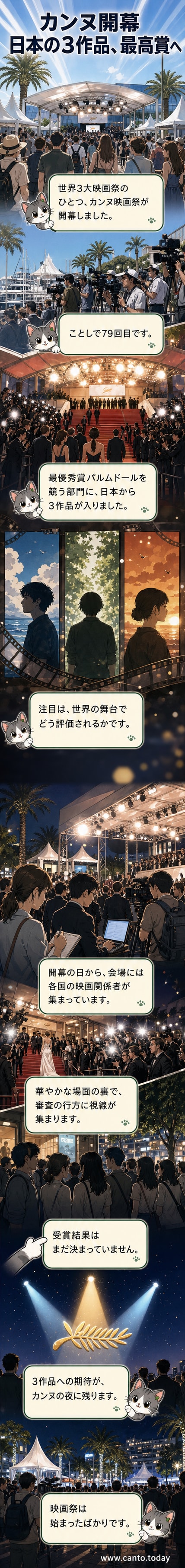 赤い絨毯を歩く人々とカメラのフラッシュが並ぶカンヌ映画祭の開会式の様子。夜の海辺の街並みが背景に広がる。
