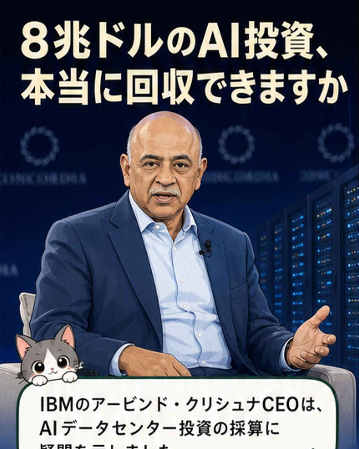 IBMのCEOアービンド・クリシュナ氏が、AIデータセンターへの巨額投資とその経済的限界について語る様子を描いたカット。