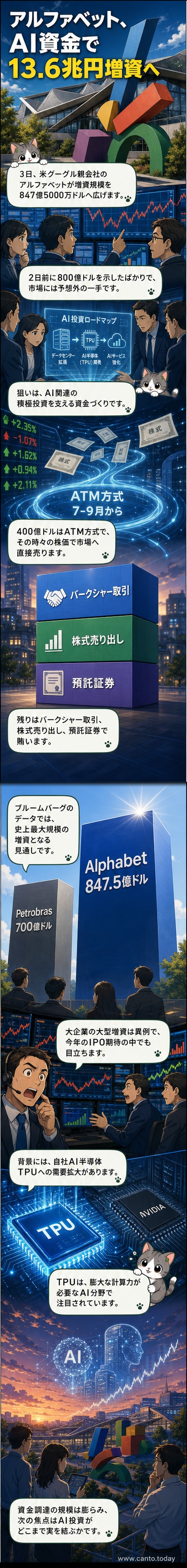 アルファベットのロゴとAI半導体TPUのイメージ、および株価チャートを背景に、13.6兆円の増資規模を示すビジュアル