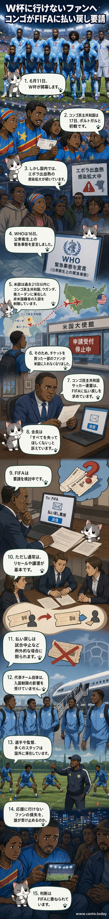 エボラ感染拡大により応援に行けないコンゴのサッカーファンたちを描いたイラスト。遠くからスタジアムを眺める姿が寂しげに表現されています。