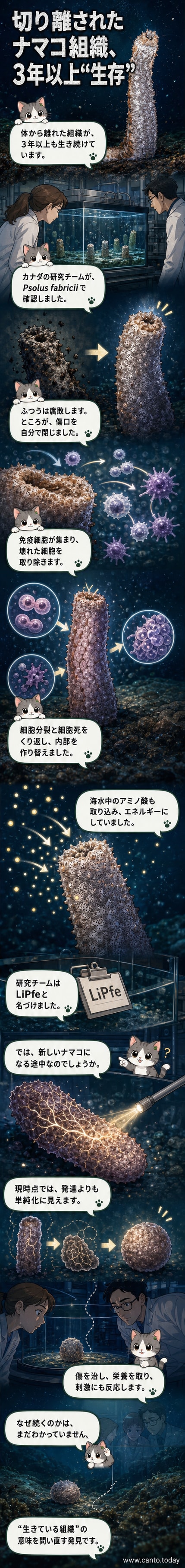 顕微鏡下で球状に変化したナマコの組織。周囲の海水からアミノ酸を吸収しながら生き続けている。