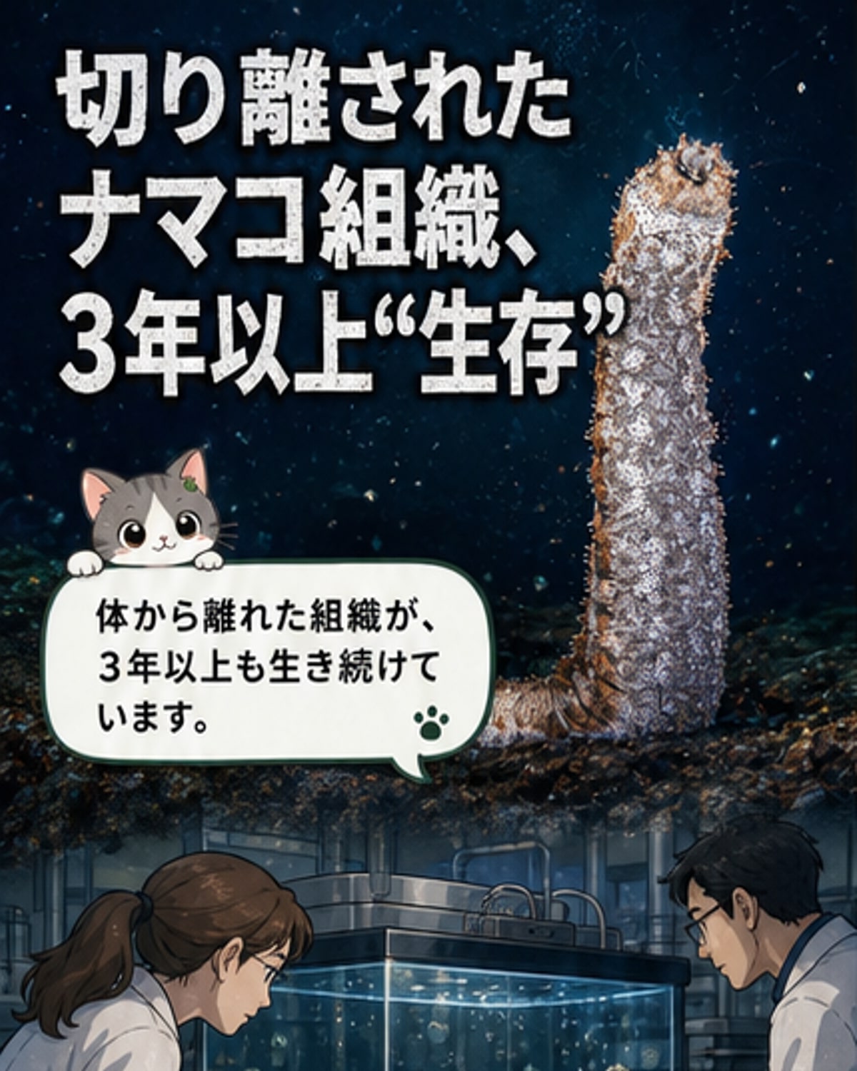 顕微鏡下で球状に変化したナマコの組織。周囲の海水からアミノ酸を吸収しながら生き続けている。
