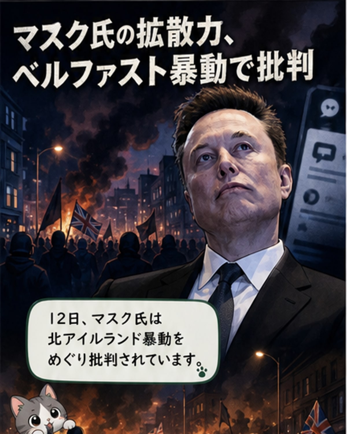 暗い背景の中、Xのロゴとイーロン・マスクの肖像が並び、その下に炎上する投稿のイメージと「6400万回」という数字が浮かび上がる。