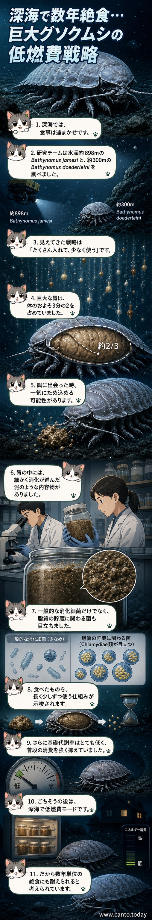 暗い深海を漂う巨大なグソクムシ。体の大部分を占める大きな胃が内部で光っており、エネルギーを貯蔵している様子を示している。