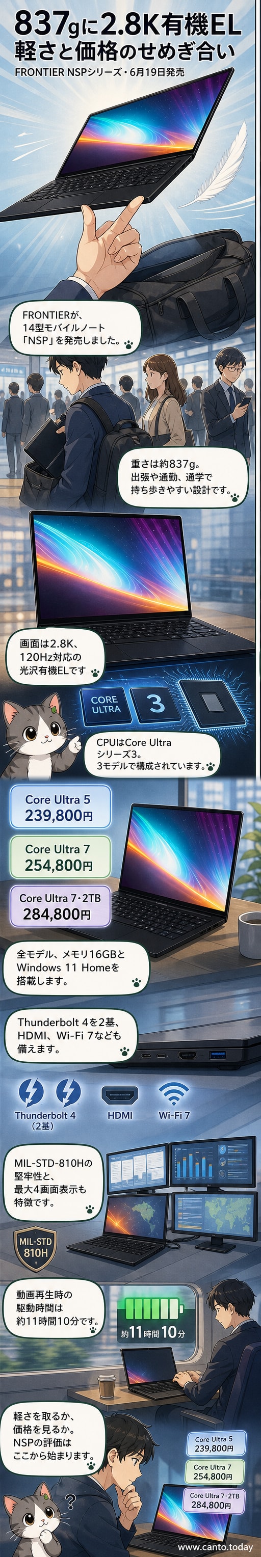 薄型で光沢のある有機ELディスプレイを搭載した銀色の軽量ノートPCが開かれており、その軽さと高精細ディスプレイが強調されています。