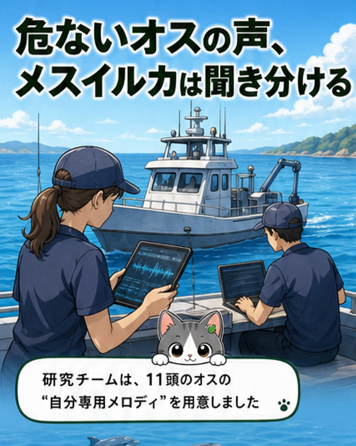水中で泳ぐイルカのメスが、スピーカーから流れるオスの声に反応して向きを変える様子を上空から撮影した映像