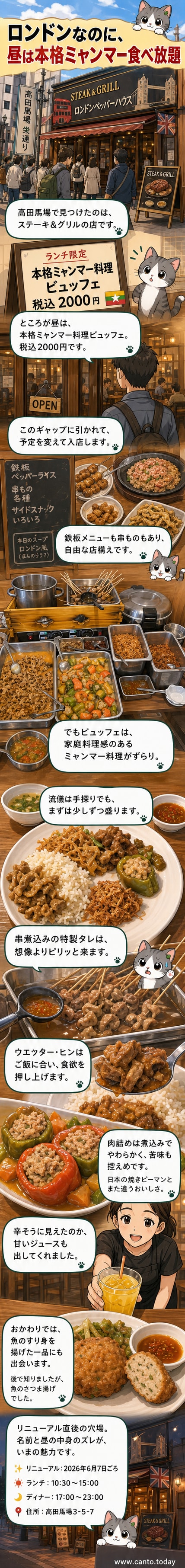 赤い2階建てバスとタワーブリッジが描かれた看板の下で、本格的なミャンマー料理が並ぶビュッフェ台の様子
