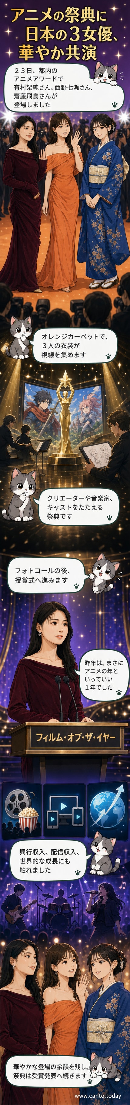 有村架純、西野七瀬、齋藤飛鳥がクランチロール・アニメアワード2026のオレンジカーペットを歩く様子。三人とも華やかな衣装で、カメラに向かって笑顔を向けています。