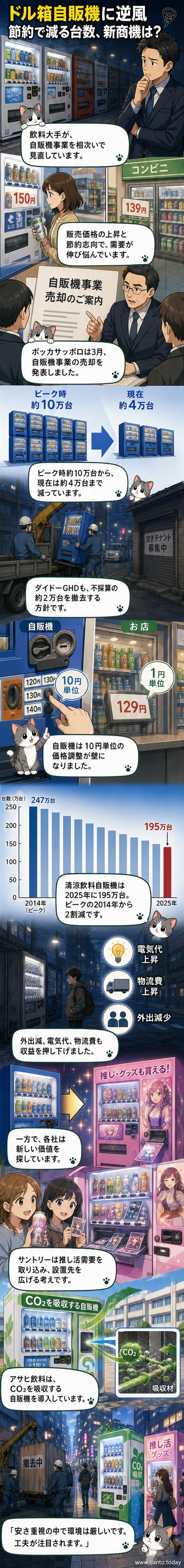 日本の街角に並ぶ飲料自販機が減少する中、アニメキャラクターや環境配慮をアピールする新しいタイプの自販機が登場している様子を描いたイラスト。