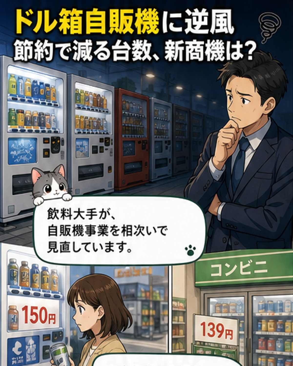 日本の街角に並ぶ飲料自販機が減少する中、アニメキャラクターや環境配慮をアピールする新しいタイプの自販機が登場している様子を描いたイラスト。
