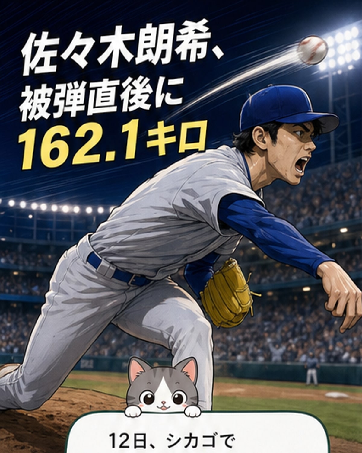 ドジャースのユニフォームを着た佐々木朗希投手がマウンドで投球フォームを取っている。球速表示に「162.1km/h」と記録されている。