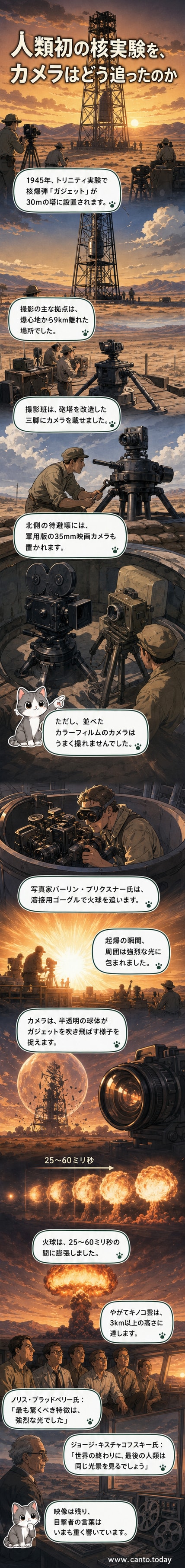 1945年のトリニティ核実験で撮影された火球とキノコ雲。砂漠の空に立ち上る爆煙と、それを遠くから記録するカメラの様子を描いたウェブトゥーン。