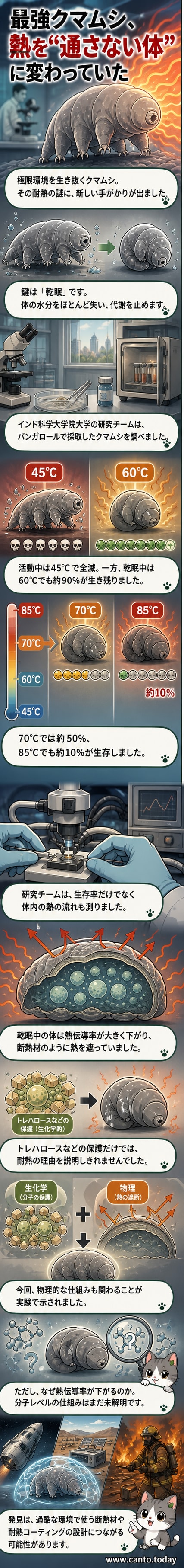 顕微鏡画像で見るクマムシ。乾眠状態の体が熱を遮断する仕組みを説明する図解付き。