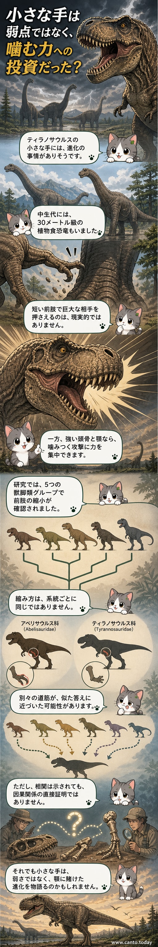 ティラノサウルスが小さな前肢を持ちながら、巨大な顎で獲物を襲う様子を描いた科学イラスト。