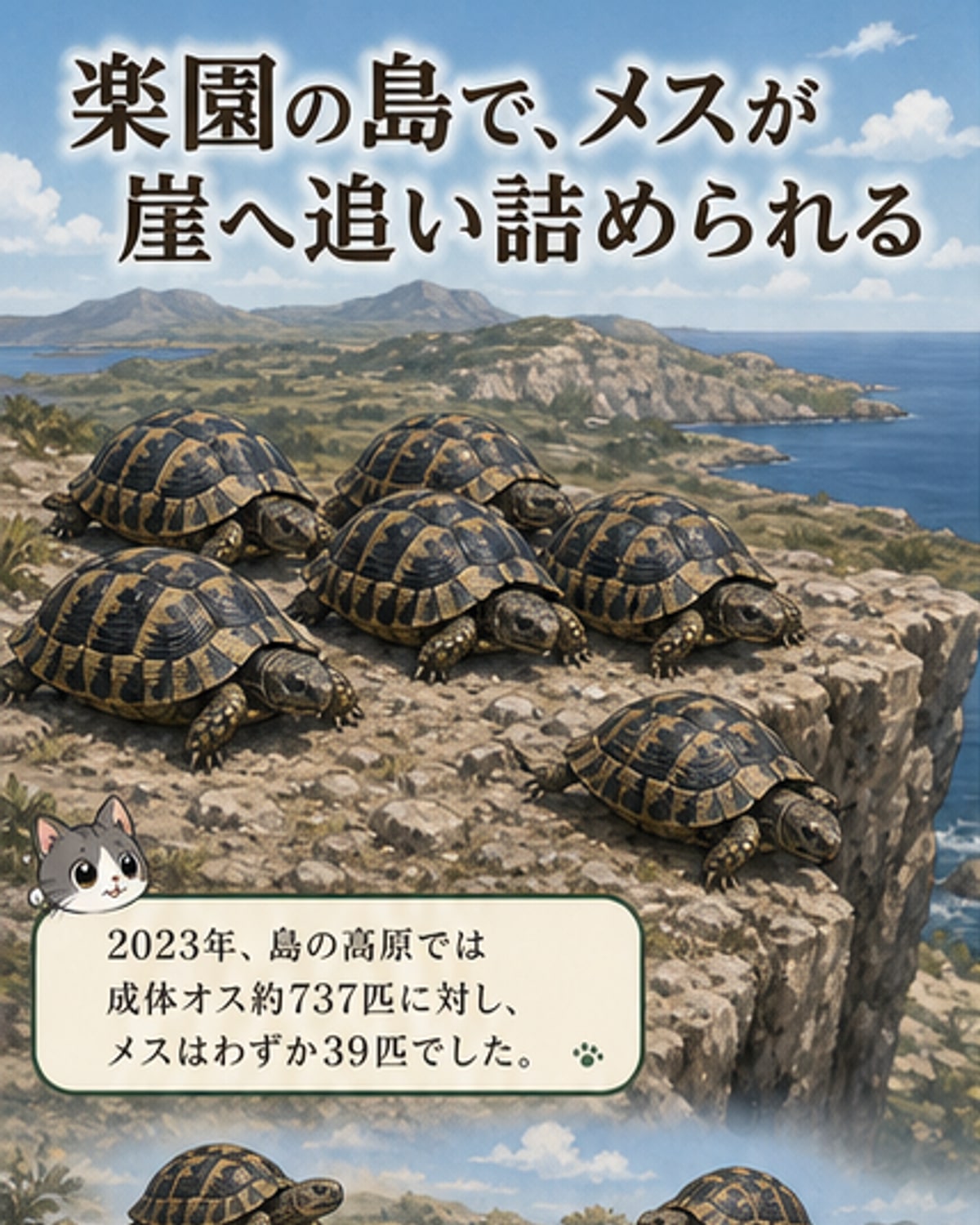 リクガメオスがメスを崖から突き落とす