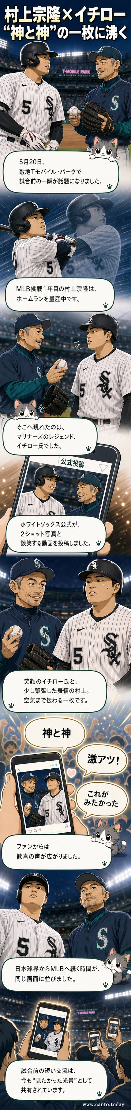 村上宗隆とイチローがTモバイル・パークで並び、笑顔で記念撮影している様子