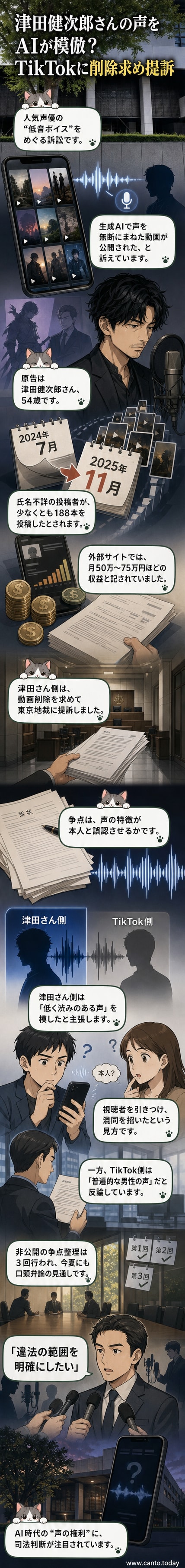 マイクに向かって演じる声優・津田健次郎さんの横顔。背景にはAIが生成した音声波形が浮かんでいる。