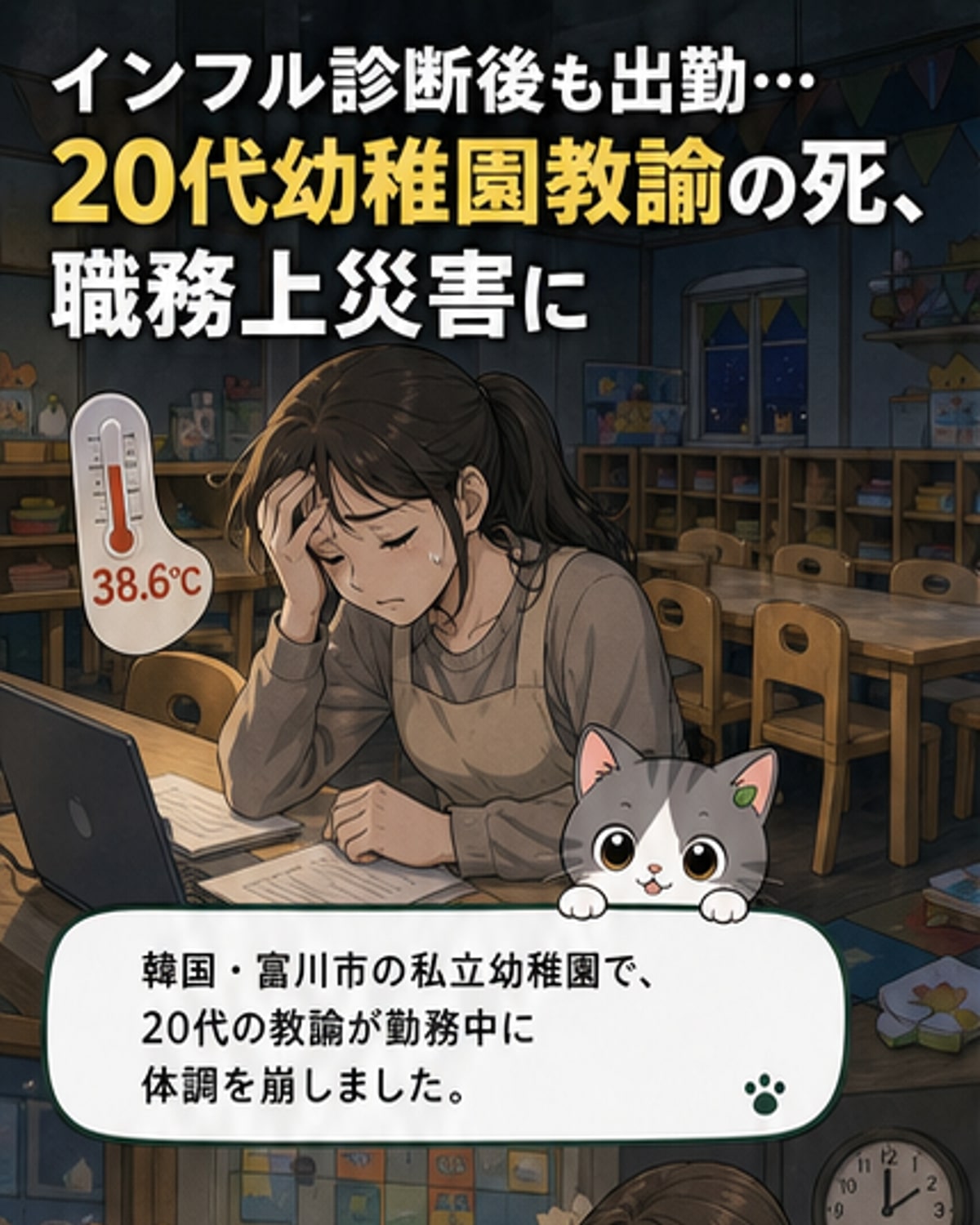 韓国の幼稚園教諭がインフルエンザと診断された後も出勤を続け、死亡した事件の経緯を説明するウェブトゥーンニュースのカバー画像