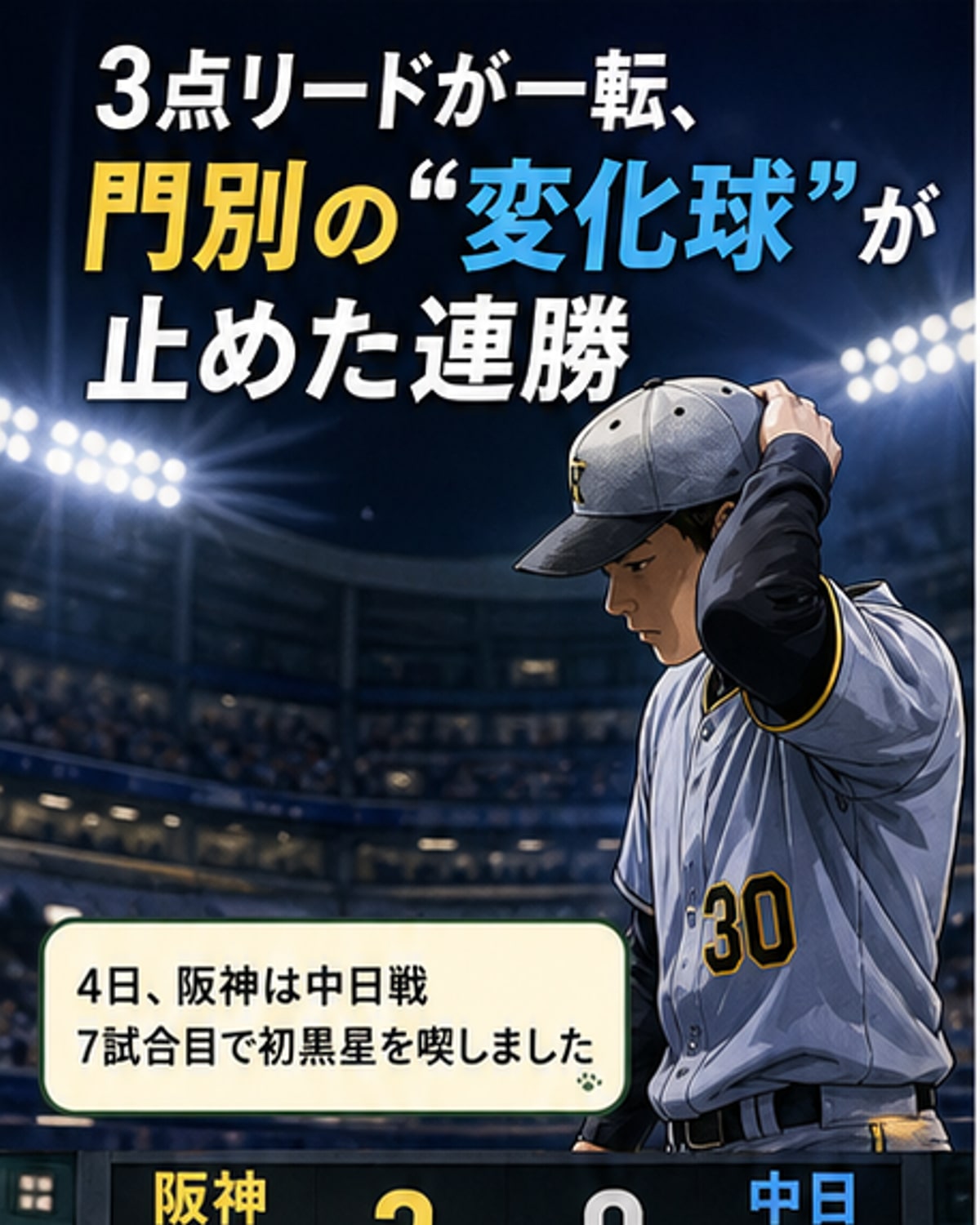 門別啓人、変化球乱調で初敗戦