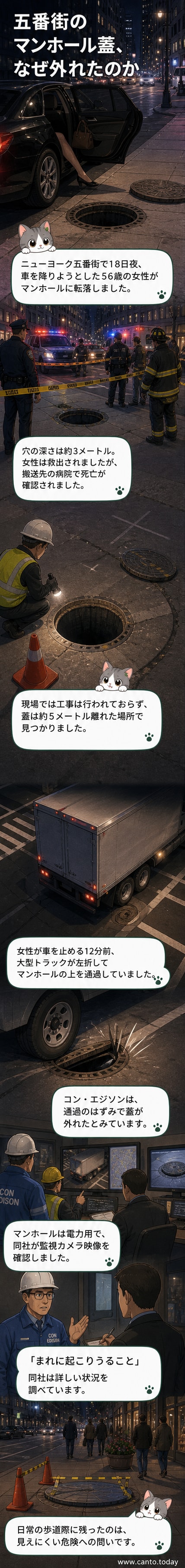 夜のニューヨーク五番街で、開いたマンホールのそばに車が停車している。周囲には緊急対応の人員が集まっている。