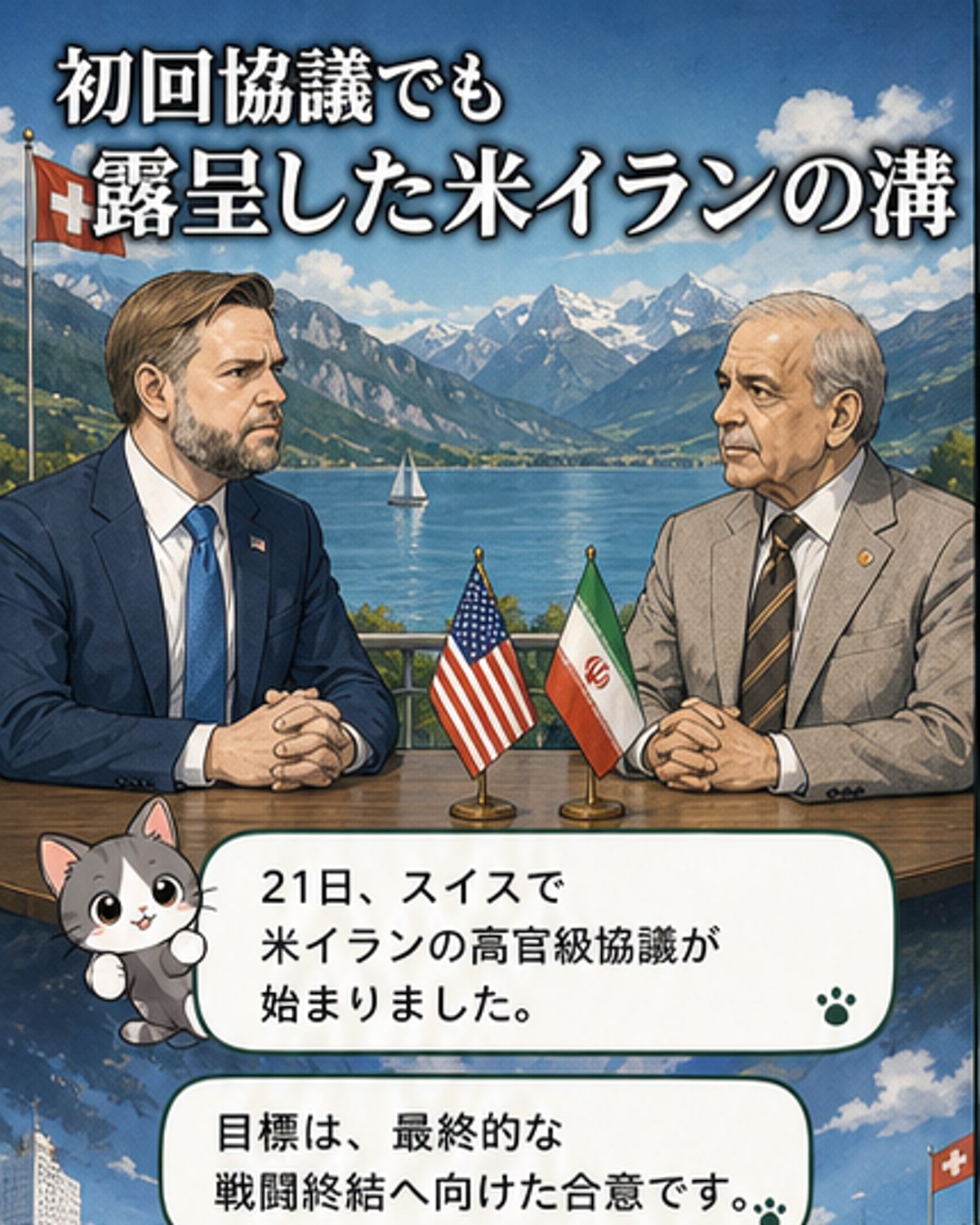 スイスのビュルゲンシュトックで開かれた米国とイランの高官級協議の会場。建物の前で関係者が立ち話をしている。