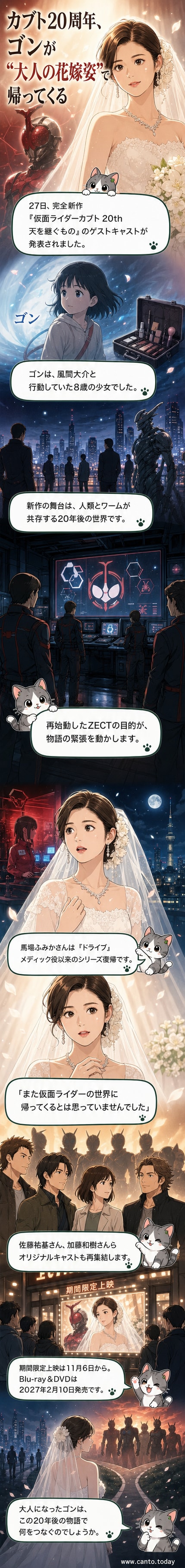 『仮面ライダーカブト20th』のポスタービジュアル。花嫁姿の女性が中央に立ち、背後には仮面ライダーの姿が描かれている。
