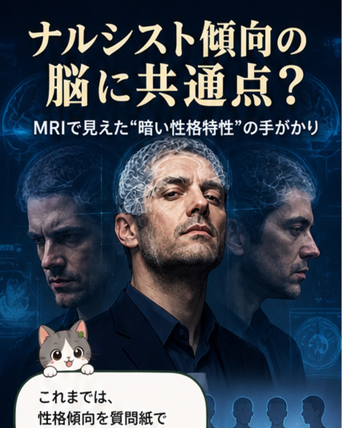 MRI画像と脳の模式図。右前頭前野と小脳の一部に色が付けられ、灰白質の体積が小さい領域を示している。