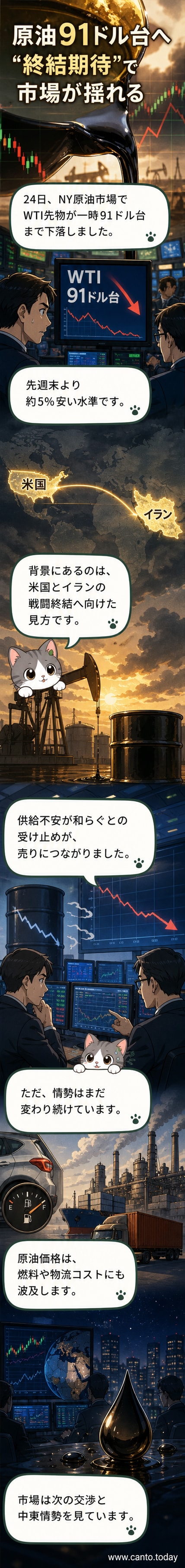 ニューヨーク原油市場のチャートが91ドル台を示す様子。背景に石油採掘施設と地図が描かれている。