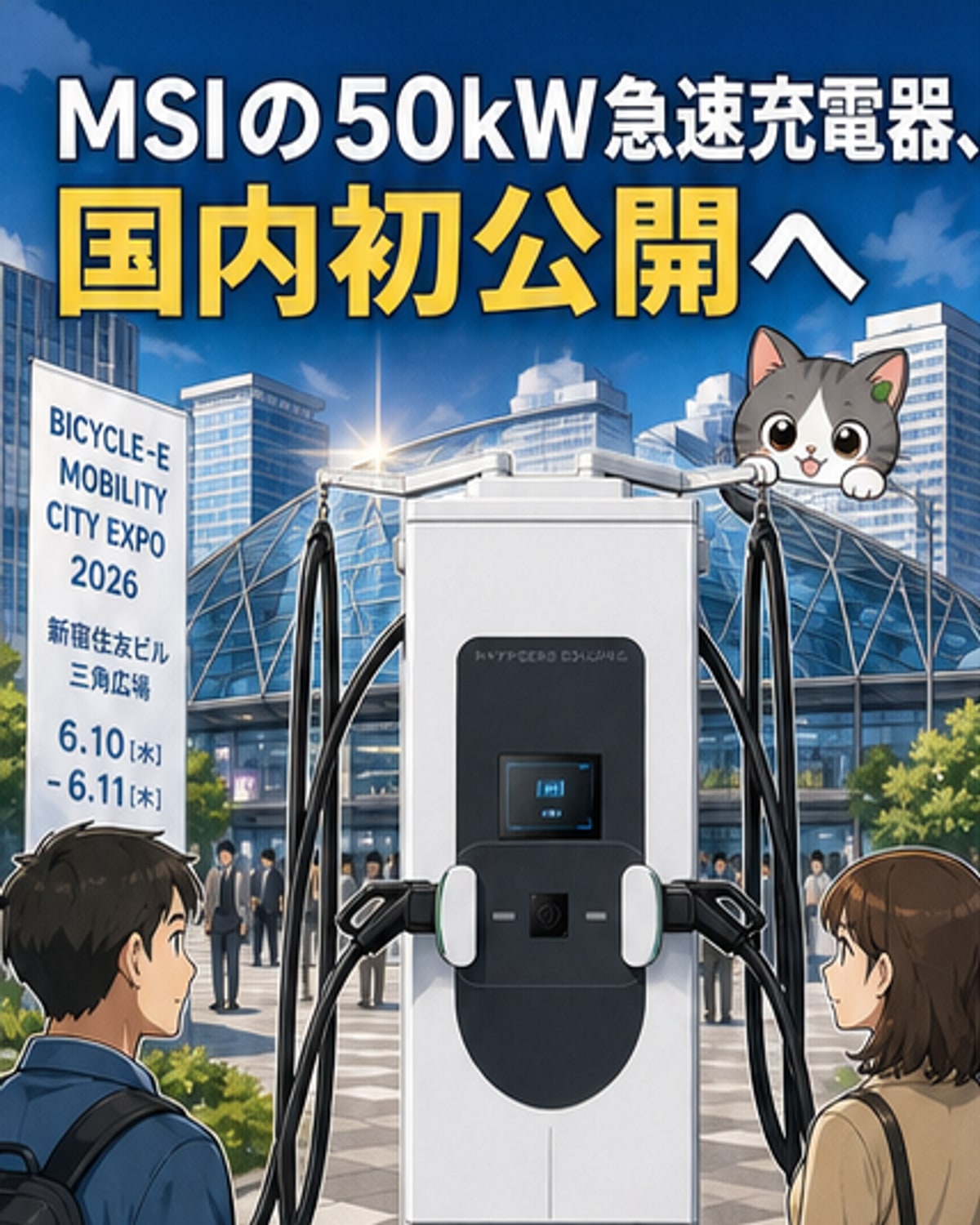 MSIブースで展示された「Hyper 50 Dual」急速充電器。白と青を基調としたコンパクトな筐体に、左右にケーブルガンが装備されている。