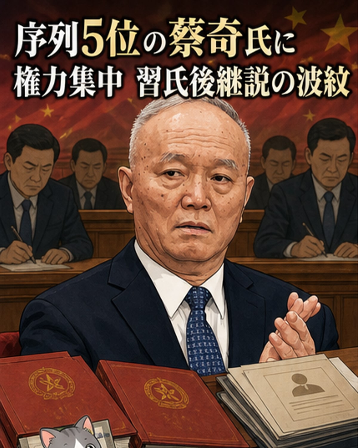 中国共産党の蔡奇・政治局常務委員が、複数の要職を兼ねる中で異例の権力集中を見せている様子を描いたイラスト。習近平国家主席の後継者としての可能性が注目される。