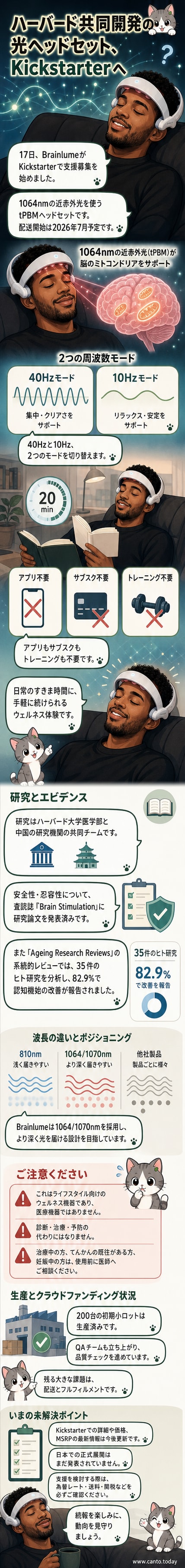 ハーバード大学と共同開発された近赤外光ヘッドセット「Brainlume」の製品イメージ。白と黒のシンプルなデザインで、頭に装着する様子が描かれている。