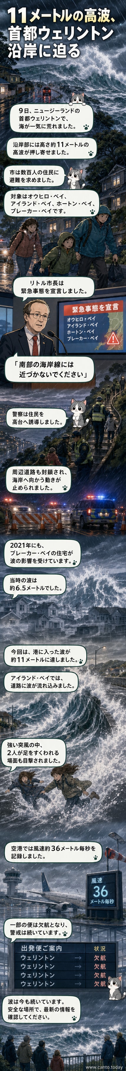 アイランド・ベイで荒波が海岸線を打ちつける様子。遠くに海に向かって建つ家々が見える。