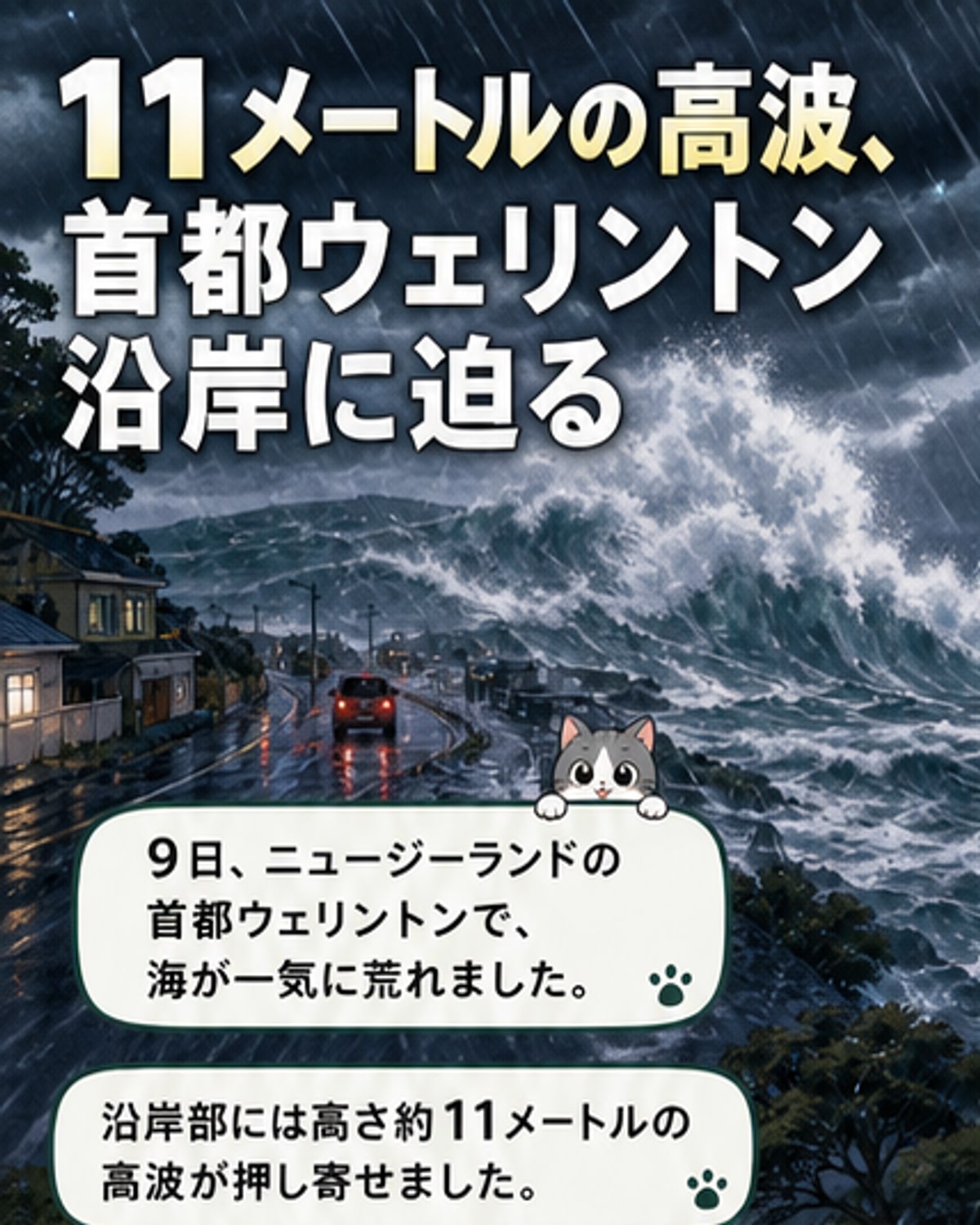 アイランド・ベイで荒波が海岸線を打ちつける様子。遠くに海に向かって建つ家々が見える。