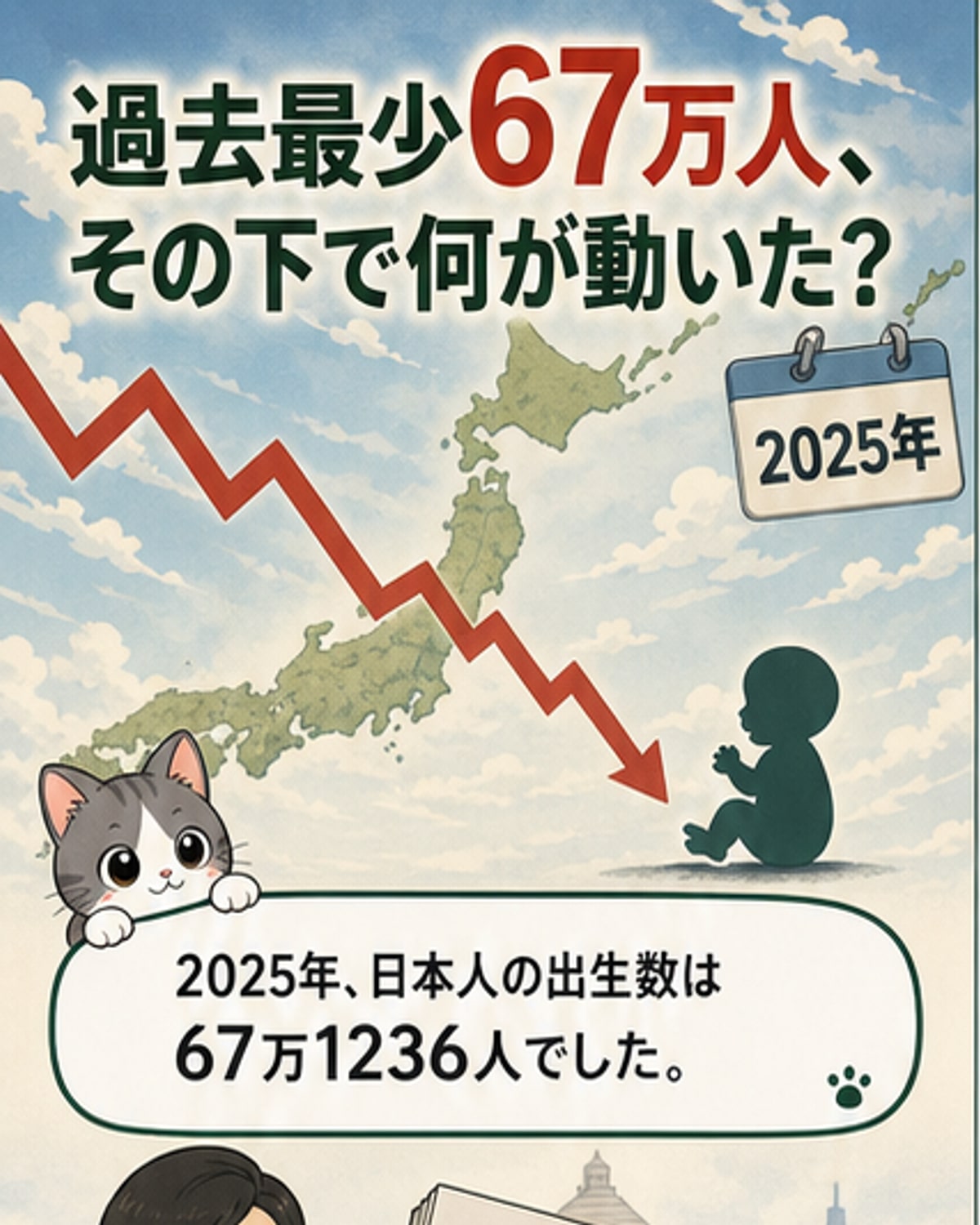 日本の地図上に都道府県別の出生率が色分けで表示され、沖縄や宮崎など高い地域と東京など低い地域の対比が強調されています。