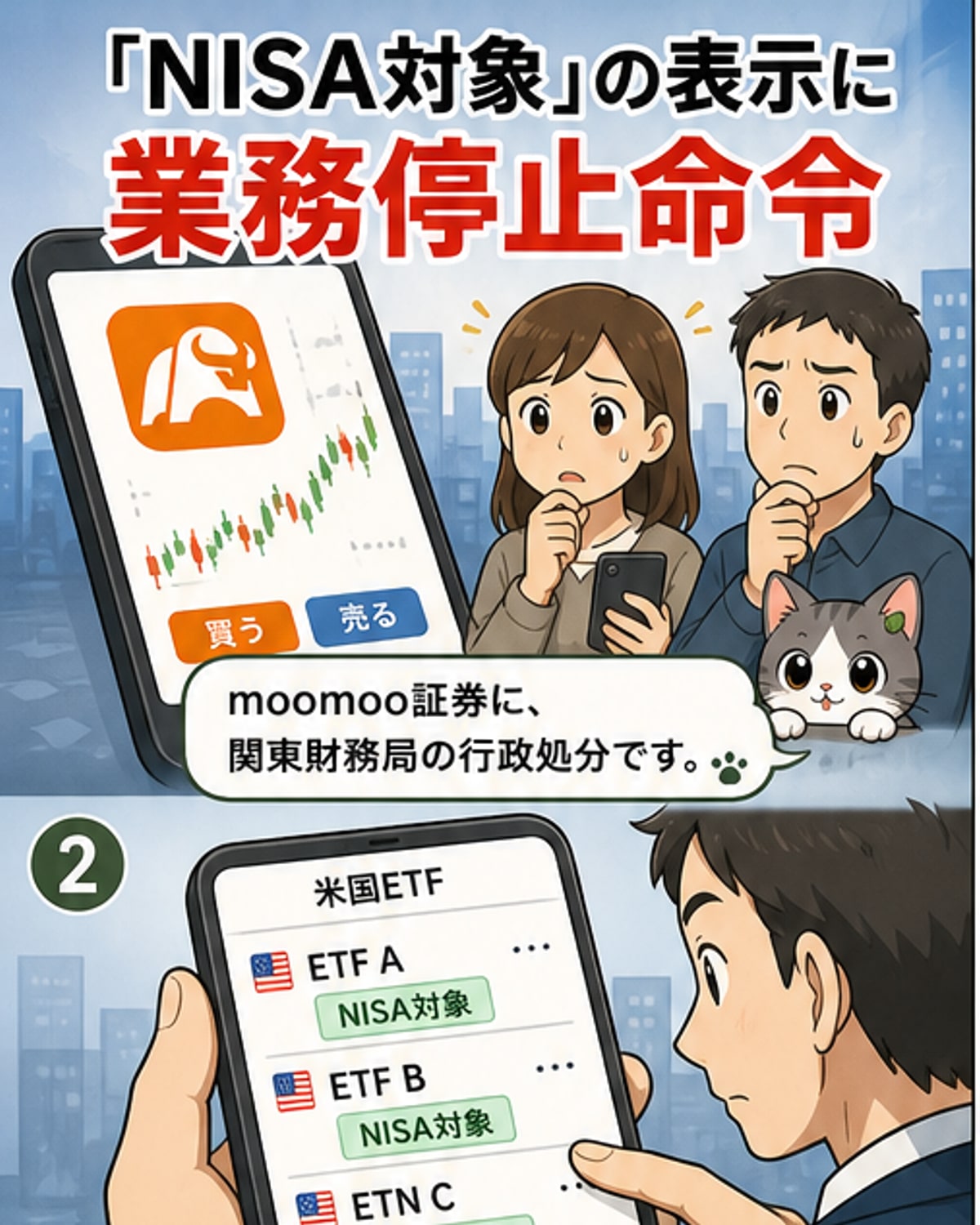 スマートフォン画面に『NISA対象』と表示された米国ETFの取引画面。赤文字で『虚偽表示』と注釈が入る。