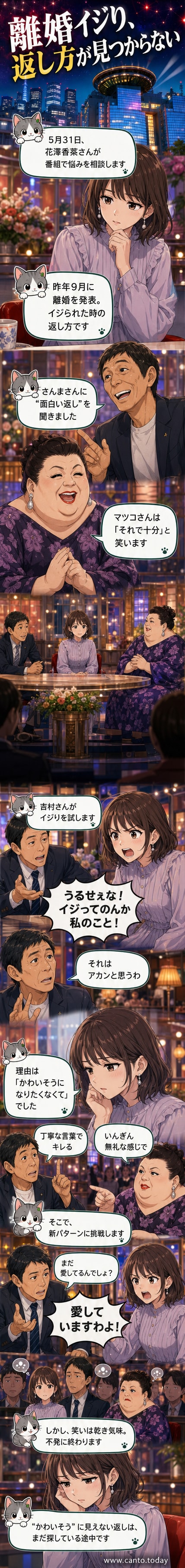 マイクを握り、表情を強ばらせた花澤香菜がテレビ番組で離婚ネタに対応する場面のイラスト。