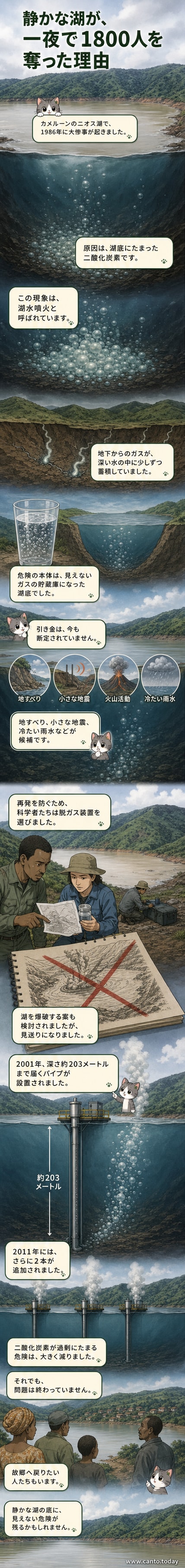 暗い湖面の上を白いガスが這う様子を描いたイラスト。遠くに村の灯火が見えるが、静けさの裏に潜む危険を表現。